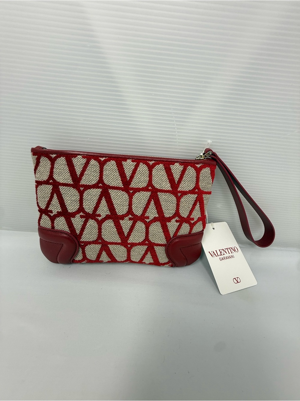 Valentino Garavani Red and Cream Logo Canvas Wristlet